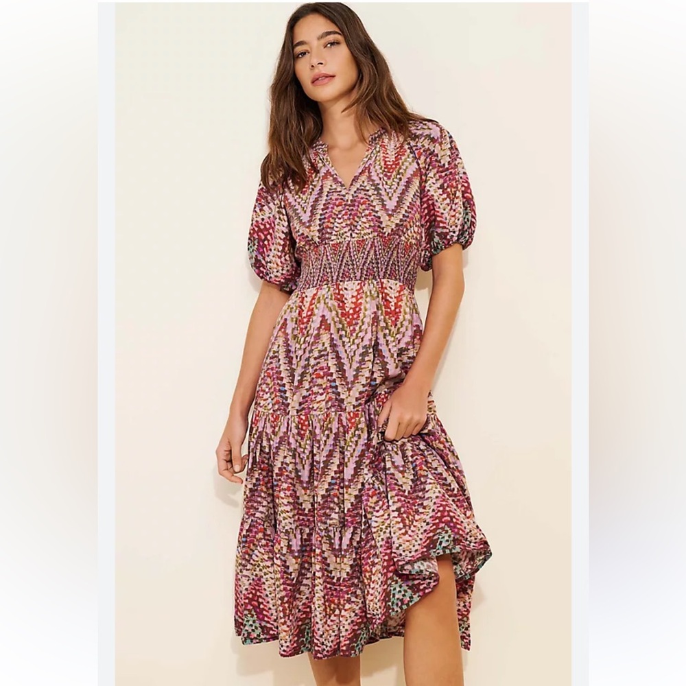 Anthropologie Conditions Apply Printed Puff Sleeve Boho Midi Tiered Dress Sz 6